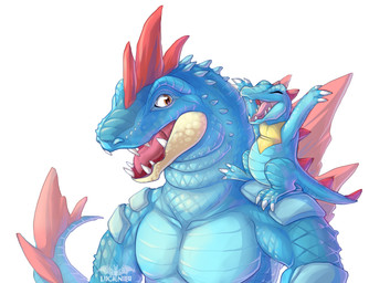 armor blue_body body_armor countershade_jaw duo feral head_spikes muscular open_mouth open_smile orange_eyes pecs pink_tongue scales sharp_teeth size_difference smile snout spiked_tail spikes spikes_(anatomy) tail teeth tongue lucieniibi nintendo pokemon feraligatr generation_2_pokemon pokemon_(species) totodile absurd_res hi_res