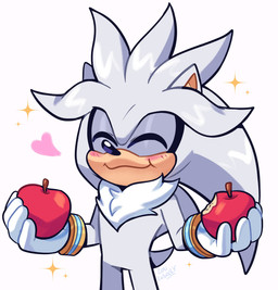 anthro apple blush clothing eating eyes_closed food fruit gloves handwear male plant simple_background smile solo tuft lou_lubally sega sonic_the_hedgehog_(series) silver_the_hedgehog eulipotyphlan hedgehog mammal hi_res signature