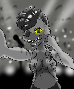 anthro clothed clothing ear_piercing female finger_in_mouth fur glowing glowing_eyes glowing_sclera grey_body grey_fur industrial_piercing mohawk open_clothing open_topwear open_vest piercing selfie showing_teeth solo stage topwear vest yellow_sclera weenpeen aurelia_(weenpeen) canid canine canis mammal wolf absurd_res hi_res monochrome trans_(lore)