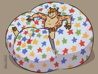 anthro big_diaper clothed clothing diaper eyes_closed hand_on_diaper huge_diaper male pattern_diaper relaxed_expression relaxing riding_diaper simple_background solo spread_arms spread_legs spreading touching_diaper wearing_diaper azspicedjason alex_(zoran) giraffe giraffid mammal absurd_res hi_res