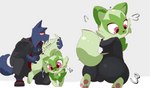 anthro butt clothing duo fangs female feral licking male teeth tongue tongue_out negasimon nintendo pokemon fan_character generation_9_pokemon pokemon_(species) sprigatito absurd_res hi_res