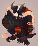 4_horns anthro barrel bell black_body black_fur bottomwear cape christmas_cloak clothing fangs fur holidays horn humanoid_hands loincloth male multi_horn muscular muscular_anthro muscular_male solo teeth nahst_y christmas guild_wars charr felid mammal 2024 colored hi_res