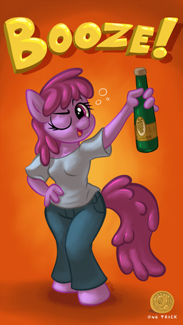 alcohol anthro anthrofied beverage bottle bottomwear breasts champagne champagne_bottle clothed clothing container denim denim_bottomwear denim_clothing drunk female fur hair holding_bottle holding_container holding_object jeans looking_at_viewer one_eye_closed open_mouth pants purple_body purple_eyes purple_fur purple_hair shirt solo substance_intoxication text tongue topwear 1trick friendship_is_magic hasbro my_little_pony berry_punch_(mlp) earth_pony equid equine horse mammal pony 2014 9:16 english_text hi_res shaded