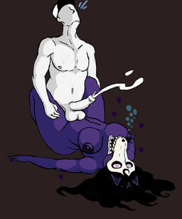 anthro balls big_breasts black_hair bodily_fluids bone breasts cum duo female fur genital_fluids genitals hair heart_symbol human_on_anthro interspecies male male/female purple_body purple_fur skull tongue tongue_out awful_lad scp_foundation anon scp-1471-a canid canine human malo mammal monster undead absurd_res hi_res