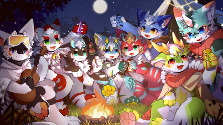 2_horns 4_fingers acoustic_guitar anthro bell beverage biped black_body black_fur blue_body blue_eyes blue_fur camp campfire dragon_horn eating eye_contact eyewear eyewear_on_head feet fingers fire food full_moon fur fur_markings goggles goggles_on_head grass grass_field green_eyes grey_body grey_fur group guitar hair hindpaw horn inner_ear_fluff kemono light looking_at_another looking_at_viewer male markings moon multicolored_body multicolored_fur musical_instrument night on_grass open_mouth open_smile outside party pawpads paws plant plucked_string_instrument red_body red_fur ringing_bell scarf sitting sitting_on_grass sky smile star starry_sky string_instrument tree tuft white_body white_fur white_hair yellow_body yellow_eyes yellow_fur hlg7777 mythology dragonfruit_(character) fructose_(fructose_c) hefeng_character honlem lai_ka rugin canid canine canis dragon furred_dragon furred_scalie mammal mythological_creature mythological_scalie scalie wolf 16:9 2025 chinese_description digital_drawing_(artwork) digital_media_(artwork) hi_res lighting shaded soft_shading translated_description wallpaper widescreen