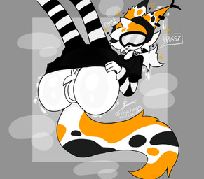 anthro beanie big_butt bodily_fluids border bottomwear butt clothed clothed_female clothing ear_piercing exhibitionism eyewear female footwear fur genital_fluids genitals goggles goggles_on_face grey_background grey_border hat headgear headwear long_tail nude piercing pubes shorts simple_background socks solo spread_butt spread_legs spreading tail thick_thighs tomboy tongue tongue_out tongue_piercing vaginal vaginal_fluids vulva white_body white_fur wide_hips voidlyvessel voidly_(voidlyvessel) calico_cat domestic_cat felid feline felis mammal absurd_res digital_media_(artwork) hi_res trans_(lore) trans_man_(lore)