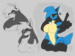 anthro big_breasts black_body black_fur blue_body blue_fur breasts female fur gesture grey_background hand_gesture looking_at_viewer navel nipples pointing pointing_at_viewer simple_background solo spikes standing wide_hips smort_bee nintendo pokemon generation_4_pokemon lucario pokemon_(species) hi_res