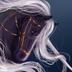 ambiguous_gender black_body facial_markings feral gradient_background hair head_markings horn jewelry long_horn looking_at_viewer mane markings necklace orange_eyes simple_background solo white_hair white_horn white_mane faeseiren mythology alisian equid equine mammal mythological_creature mythological_equine unicorn 2025 digital_media_(artwork) hi_res portrait female_(lore)