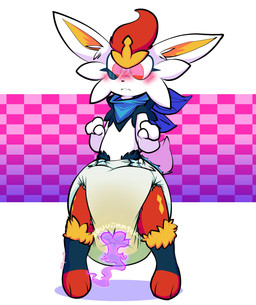 3_fingers 3_toes ambiguous_gender anthro big_diaper black_body black_fur blue_kerchief blue_neckerchief blush blush_lines bodily_fluids cheek_tuft clothed clothing diaper diaper_check diaper_squish disembodied_hand duo ellipsis eye_twitch facial_tuft feet fingers fist fur genital_fluids ghost_hand inner_ear_fluff kerchief leg_markings looking_down markings multicolored_body multicolored_fur neckerchief neckwear orange_inner_ear red_body red_fur red_nose scut_tail short_tail simple_background socks_(marking) sound_effects tail toeless_(marking) toeless_socks_(marking) toes tuft twitter_handle unclean_diaper urine used_diaper wavy_mouth wearing_diaper wet_diaper white_body white_fur white_inner_ear_fluff white_tail yellow_body yellow_fur yellow_inner_ear rapoof nintendo pokemon blitz_(mrbandwidth) cinderace generation_8_pokemon pokemon_(species) absurd_res hi_res