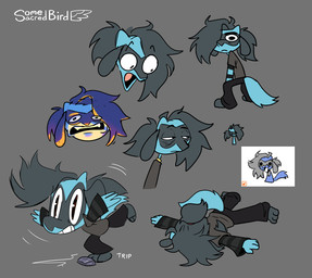 accessory anthro big_eyes black_body black_bottomwear black_clothing black_fur black_hair black_long_sleeved_shirt black_pants blue_body blue_fur bottomwear clothing facial_markings fluffy fluffy_hair fur grey_background grey_clothing grey_shirt grey_t-shirt grey_topwear hair hair_accessory hair_over_eye hair_tie head_markings looking_at_viewer lying male markings mask_(marking) on_front open_mouth pants pattern_clothing pattern_shirt pattern_topwear pink_tongue pog_face shirt simple_background solo striped_clothing striped_shirt striped_topwear stripes t-shirt tail tied_hair tired_eyes tongue topwear tripping somesacredbird nintendo pokemon fan_character riolu_(somesacredbird) generation_4_pokemon pokemon_(species) riolu 2025 digital_drawing_(artwork) digital_media_(artwork) english_description flipnote_studio_(artwork) hi_res