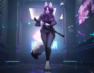 anthro biped bottomwear breasts claws clothed clothed_anthro clothed_female clothing feet female fingers front_view fully_clothed fully_clothed_anthro fully_clothed_female fur hair inside looking_at_viewer smile solo standing tail toes topwear weapon pgm300 canid canine mammal 2026 absurd_res digital_drawing_(artwork) digital_media_(artwork) hi_res