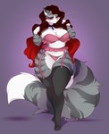 anthro big_breasts blush breasts cleavage clothed clothing female fur garter_belt garter_straps grey_body grey_fur legwear panties solo striped_body striped_fur stripes thick_thighs thigh_highs underwear bunnywhiskerz domestic_cat felid feline felis mammal digital_media_(artwork) hi_res shaded