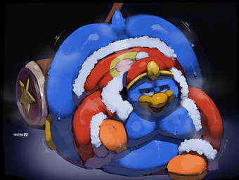 all_fours anthro beak big_butt blue_body blue_feathers bodily_fluids butt clothing feathers front_view gloves hammer handwear male orange_clothing orange_gloves orange_handwear overweight overweight_anthro overweight_male red_clothing red_helmet red_robe robe small_tail solo sweat sweaty_body tail tools yellow_beak dreamywolfdd kirby_(series) nintendo king_dedede avian bird penguin 2026 digital_drawing_(artwork) digital_media_(artwork) english_description hi_res