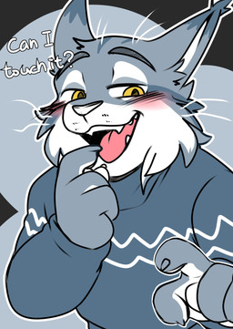 anthro blush clothing countershading dialogue fangs fur gesture grey_body grey_fur half-closed_eyes hand_gesture male narrowed_eyes open_mouth open_smile pointing pointing_at_mouth pointing_at_self pointing_at_viewer question simple_background simple_coloring smile solo sweater talking_to_viewer teeth text tongue topwear white_body white_fur yellow_eyes saku1saya disney zootopia pawbert_lynxley canada_lynx felid feline lynx mammal absurd_res english_text hi_res