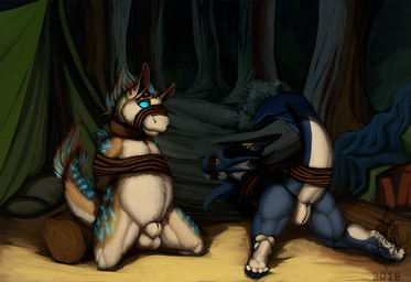 animal_genitalia anthro anus balls bdsm bondage bound butt camping duo female forest fur genitals looking_at_viewer male muzzle_(object) muzzled nude paws plant sheath tail tent tree wings kazzyboii kobold scalie 2018 digital_media_(artwork)