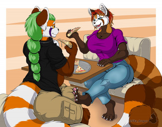 4_toes anthro big_breasts big_bulge black_clothing black_shirt black_topwear bottomwear braided_hair braided_ponytail breasts bulge cargo_shorts claws clothed clothed_anthro clothed_female clothed_male clothing duo ear_piercing eating facial_piercing feet female female_anthro food foot_on_bulge furniture grey_bottomwear grey_clothing grey_pants hair holding_food holding_object huge_bulge hyper hyper_bulge logo male male/female male_anthro pants pawpads piercing pink_pawpads pizza pizza_slice ponytail purple_clothing purple_shirt purple_topwear shirt shorts sitting table tan_bottomwear tan_clothing tan_shorts text toes topwear two_tone_tail white_claws sikafox mackenzie_(lateinshowing) shin_(shinfox) ailurid mammal red_panda 2022 artist_logo artist_name story story_in_description