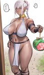 big_breasts bottomwear braided_hair braided_ponytail breasts clothing colored_nails dark_body dark_skin dialogue ear_piercing ear_ring eyelashes female grey_clothing grey_hair grey_pubes grey_topwear hair hand_on_hip huge_breasts humanoid_pointy_ears loincloth looking_at_viewer nails navel nipple_outline piercing pink_nails pointy_ears ponytail pube_peek pubes purple_eyes ring_piercing solo speech_bubble talking_to_viewer text thick_thighs topwear wide_hips pepe_(jonasan) dark_elf elf humanoid japanese_text