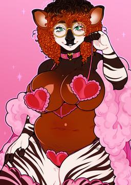 afro anthro belly big_breasts black_hair black_nose bra breasts brown_body brown_fur choker clothing eyewear female fur glasses green_eyes hair huge_breasts jewelry legwear looking_at_viewer markings multicolored_hair navel necklace orange_hair overweight pink_bra pink_choker pink_clothing pink_jewelry pink_necklace pink_stockings pink_underwear round_glasses short_hair simple_background smile solo stockings striped_markings stripes thick_thighs two_tone_hair underwear wearing_glasses white_body white_fur szaris giraffid mammal okapi 2025 colored digital_drawing_(artwork) digital_media_(artwork) hi_res