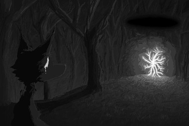 ambiguous_gender anthro bodily_fluids crying detailed_background fur grey_body grey_fur looking_at_another plant sad solo tears tree demensa angel canid canine canis mammal wolf 2024 3:2 greyscale hi_res monochrome shaded