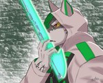 anthro claws clothing fur green_eyes grey_body grey_fur hoodie laser_sword male red_sclera solo supervillain topwear white_body white_fur znoneikaga lifewonders live_a_hero monomasa canid canine canis domestic_dog husky mammal nordic_sled_dog spitz 5:4 hi_res