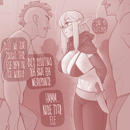 big_breasts bikini bikini_top bodily_fluids bottomwear breasts bulge captured cleavage clothed clothing dialogue erection_under_loincloth female group hands_behind_back huge_breasts humanoid_pointy_ears imminent_rape imminent_sex knife loincloth male male/female pointy_ears restrained skimpy surrounded sweat swimwear text topless two-piece_swimsuit ekz elf humanoid orc 1:1 english_text hi_res