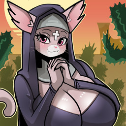:3 anthro big_breasts breasts cactus cleavage clothed clothing day eyelashes female female_anthro fur furgonomic_headwear furgonomics glistening glistening_breasts grey_body grey_fur habit huge_breasts interlocked_fingers looking_at_viewer nun nun_outfit outline outside pink_eyes pink_nose plant praying_hands solo spots sun tail yellow_outline mister_feelgood mewgenics marshmallow_(mewgenics) domestic_cat felid feline felis mammal 1:1 half-length_portrait hi_res portrait