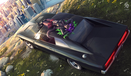 anthro black_boots black_bottomwear black_clothing black_footwear black_skirt black_topwear boots bottomwear brown_body brown_fur brown_tail car city clothed clothing eyes_closed female female_anthro footwear fur grass green_hair hair hand_behind_head lying mouth_closed multicolored_hair muscle_car on_back outside plant purple_hair red_bottomwear red_clothing red_skirt rock shoes skirt solo tail text topwear two_tone_hair vehicle white_body white_fur cereus93 dodge_(brand) dodge_charger felid mammal artist_name detailed hi_res