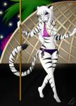 anthro big_breasts blue_eyes breasts cleavage clothed clothing female fur hair leucistic mature_anthro mature_female nipple_outline solo strip_club stripes stripper striptease undressing white_body white_fur white_hair drake-rex felid mammal pantherine tiger absurd_res hi_res