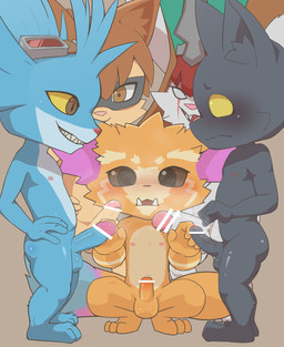 3_toes anthro balls biped black_balls black_body black_fur black_penis blue_balls blue_body blue_fur blue_penis blue_tail_tip blush brown_background brown_eyes brown_hair brown_sclera butt censor_bar censored_genitalia censored_penis clothing countershade_fur countershade_torso countershading crouching dipstick_tail domino_mask ear_tuft erection eye_scar eyemask eyewear eyewear_on_head eyewear_only facial_markings facial_scar feet fivesome fluffy fluffy_tail foreskin fur genitals glans goggles goggles_on_head goggles_only grin group hair hand_on_hip hat hat_only head_markings headgear headgear_only headwear headwear_only humanoid_genitalia humanoid_penis male male/male male_anthro markings mask mask_only mohawk mostly_nude mostly_nude_anthro mostly_nude_male nipples nude nude_anthro nude_male open_mouth orange_balls orange_body orange_fur orange_penis penis penis_size_difference scar short short_anthro short_male simple_background smile spiral spiral_eyes standing surrounded surrounded_by_males surrounded_by_penises tail tail_markings tan_balls tan_body tan_fur tan_penis teeth_showing toes tuft tusks urethra white_balls white_body white_fur white_penis yellow_sclera young young_anthro young_male chaoji_xiao_shou_he league_of_legends riot_games tencent gnar_(lol) kennen_(lol) kled_(lol) rumble_(lol) veigar mammal yordle censored digital_media_(artwork) hi_res