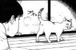 all_fours ambiguous_gender anus anus_only butt duo fart feral grin looking_back male nails raised_tail smile tail what junji_ito junji_ito_(copyright) souichi_tsujii domestic_cat felid feline felis human mammal black_and_white comic grandfathered_content low_res monochrome