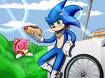 bandage bandaged_arm clothing duo eating eating_food gloves handwear narrow_hips scarf thin_calves thin_legs thin_thighs vk102 sega sonic_the_hedgehog_(series) amy_rose sonic_the_hedgehog animal_humanoid eulipotyphlan eulipotyphlan_humanoid hedgehog hedgehog_humanoid humanoid mammal mammal_humanoid 4:3 hi_res