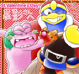 ambiguous_gender anthro beak blue_body blue_feathers blush facial_hair feathers green_shell holidays male mature_anthro mature_male one_eye_closed open_mouth pattern_background purple_body shell simple_background teeth text wink yellow_beak chasoba11 kirby:_right_back_at_ya! kirby_(series) nintendo valentine's_day dark_matter_swordsman escargoon king_dedede avian bird dark_matter_(kirby) gastropod mollusk penguin snail 2012 digital_media_(artwork) english_text japanese_text oekaki