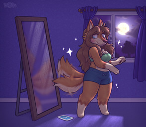 after_transformation anthro breast_expansion breasts evening expansion female full_moon hair human_to_anthro inside long_hair mirror moon night solo species_transformation tail tail_motion tailwag transformation keffotin animal_crossing mythology nintendo villager_(animal_crossing) canid canine canis mammal mythological_canine mythological_creature werecanid werecanine werecreature werewolf wolf 2023 comic digital_media_(artwork) hi_res nonbinary_(lore)
