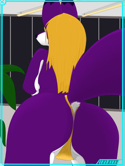 anthro blonde_hair breasts butt clothed clothing female fluffy fluffy_tail fur future hair panties plant purple_body purple_fur solo tail thong topless underwear sporefox sporefox1 danielle_(sporefox) canid canine fox humanoid mammal 3:4 hi_res