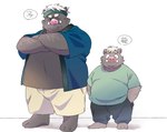 anthro bottomwear clothing duo eyes_closed kemono male overweight overweight_male shirt shorts simple_background standing topwear tusks inunoshippo mammal suid suine sus_(pig) wild_boar 2025 hi_res