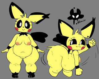 anthro big_butt breasts butt female genitals grey_background heart_symbol nipples pokemorph simple_background slightly_chubby solo vulva kaiser_grr nintendo pokemon kelly_(kaiser_grr) generation_2_pokemon pichu pokemon_(species) hi_res