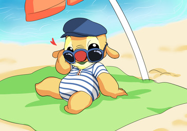 4_fingers beach beach_blanket black_eyes charming clothed clothing eyewear fingers flat_cap fur hat headgear headwear heart_symbol looking_at_viewer on_towel reclining red_nose seaside small_tail sunglasses tail towel umbrella yellow_body yellow_fur nolly_(artist) disney lilo_and_stitch reuben_(lilo_and_stitch) alien experiment_(lilo_and_stitch) 2017 digital_drawing_(artwork) digital_media_(artwork) hi_res