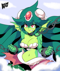 5_fingers big_breasts blush bodily_fluids bra breasts chain clothing eyebrows eyelashes female fingers green_body green_hair green_skin hair long_hair navel non-mammal_breasts red_eyes seashell_bra sharp_teeth solo split_form tears teeth underwear bigdead93 shantae_(series) wayforward giga_mermaid aquatic merfolk 2017 absurd_res hi_res