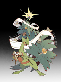ambiguous_gender anthro bell citrus_fruit featureless_crotch gift green_body holidays open_mouth solo tail tongue yellow_sclera lanjiujiu christmas nintendo pokemon generation_3_pokemon pokemon_(species) scalie sceptile 2025 3:4 dated hi_res signature