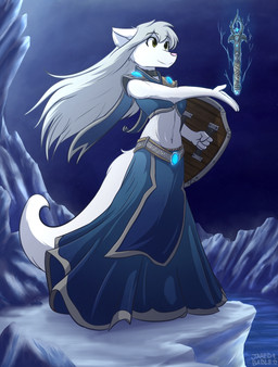 5_fingers anthro armor detailed_background female fingers mace magic melee_weapon midriff navel shield smile solo weapon yellow_eyes infinitedge twokinds raine_silverlock arctic_wolf canid canine canis mammal wolf 2017 digital_media_(artwork) hi_res