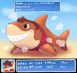 alternate_species ambiguous_gender anthro anthro_to_inanimate brown_body brown_hair clothing eyewear glasses gui hair inanimate_transformation inflatable inflatable_transformation permanent_smile smile solo text torn_clothing transformation subakitsu zoro_(subakitsu) aquatic canid fish mammal shark 2018 english_text