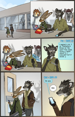 ambiguous_gender anthro bag_of_food barefoot big_ears biped brown_body brown_eyes brown_fur cellphone classroom clothed clothed_anthro clothing computer dialogue duo eating electronics emoticon feet female food fur grey_body grey_fur group head_tuft holding_cellphone holding_object holding_phone holding_smartphone laptop looking_at_cellphone looking_at_object looking_at_phone male message_box phone pointy_ears prick_ears school sitting smartphone snout solo_focus speech_bubble taking_notes tan_body tan_fur text text_message texting tuft tusks walking yellow_sclera falco_works background_character pen_(falco_works) rosa_(falco_works) ailurid cervine deer hyena lagomorph leporid mammal rabbit red_panda tufted_deer 2024 comic digital_media_(artwork) english_text hi_res