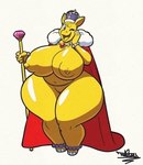 anthro areola big_breasts bracelet breasts cape clothing crown female genitals headgear holding_scepter huge_breasts huge_hips huge_thighs jewelry looking_at_viewer nipples one_eye_closed pussy scepter solo thick_thighs wide_hips yellow_areola yellow_body yellow_eyes yellow_nipples tansau common_hippopotamus hippopotamid mammal 2023 hi_res