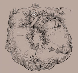 belly bodily_fluids flying_sweatdrops grin hand_on_belly long_body looking_up lying male multi_limb nervous nightmare_fuel not_furry nude on_back smile solo squish sweat sweatdrop teeth toothy_grin dinoburger look_outside dan_(look_outside) monster worm hi_res