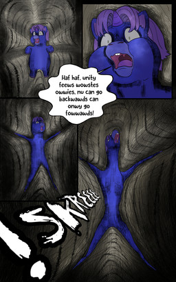 1_horn ambiguous_feral ambiguous_gender baby_talk body_horror buckteeth constricted_pupils dialogue dim_lighting feral fur hair horn horror_(theme) open_mouth pain pained_expression pupils purple_body purple_fur purple_hair purple_horn screaming small_pupils solo spiral_horn stuck teeth text transformation young young_ambiguous inshi_(artist) fluffy_pony junji_ito_(copyright) mythology the_enigma_of_amigara_fault equid equine fluffy_pony_(species) mammal mythological_creature mythological_equine unicorn 2023 absurd_res comic digital_media_(artwork) english_text hi_res
