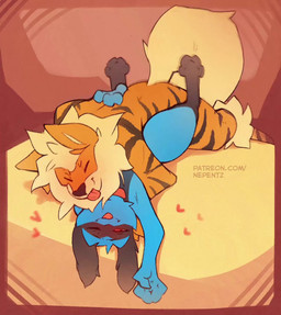 ambiguous_gender anthro anthro_on_anthro anthro_penetrated anthro_penetrating anthro_penetrating_anthro bed biped blep blue_body blue_fur collar duo eyebrows from_front_position fur furniture heart_symbol hug hugging_another looking_pleasured lying male male_penetrating missionary_position multicolored_body multicolored_fur nude_anthro nude_male obscured_penetration on_back on_bed one_eye_closed orange_body orange_fur penetration sex simple_background smile tail three-quarter_view thrusting tongue tongue_out yellow_body yellow_fur yellow_tail nepentz nintendo pokemon arcanine generation_1_pokemon generation_4_pokemon pokemon_(species) riolu animated hi_res no_sound short_playtime video