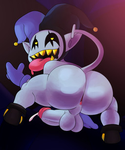 anus backsack balls bent_over bodily_fluids bubble_butt butt clothing cum cum_on_penis cumshot ejaculation footwear genital_fluids genitals gloves handwear hat headgear headwear heart_eyes heart_symbol humanoid_genitalia humanoid_penis humanoid_pointy_ears looking_at_viewer looking_back male mostly_nude not_furry open_mouth orgasm penis pointy_ears presenting presenting_anus presenting_hindquarters sharp_teeth shoes smile solo spread_legs spreading teeth tongue tongue_out yellow_eyes jerseydevil deltarune undertale_(series) jevil_(deltarune) darkner humanoid imp 2018 absurd_res hi_res