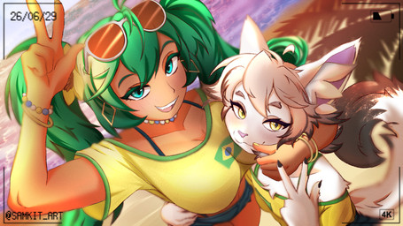 anthro beach big_breasts big_tail blue_eyes blush bra bracelet brazil brazilian_flag breast_squish breasts clothing ear_piercing ear_ring eyewear female femboy fur green_hair hair hug inner_ear_fluff jewelry light male piercing ring_piercing sand sea squish sunglasses sunlight tail tanned_skin tuft underwear water white_body white_fur white_hair yellow_eyes samkit brazilian_miku vocaloid yamaha_corporation hatsune_miku sam_(samkit) human mammal 16:9 hi_res widescreen