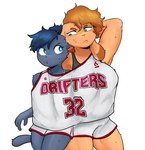 anthro basketball big_breasts blue_body blue_eyes blue_fur blue_hair bottomwear bra breasts clothed clothing duo female fur green_eyes hair muscular muscular_anthro muscular_female sharing_clothing shirt shorts simple_background sport sports_bra tomboy topwear underwear white_clothing conditional_dnp sonokido get_along_shirt ventura_city_drifters alina_scratch emily_lang domestic_cat felid feline felis lagomorph leporid mammal rabbit russian_blue digital_media_(artwork)