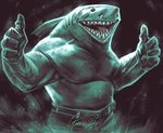 4_fingers anthro belt black_eyes bottomwear clothed clothing denim denim_bottomwear denim_clothing fin fingers gesture hand_gesture jeans male open_mouth open_smile pants scar smile solo thumbs_up topless theguardinian dc_comics suicide_squad king_shark fish marine shark 2021 digital_media_(artwork)